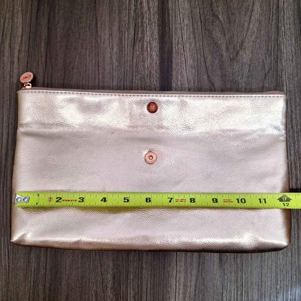 CHI Rose Gold Metallic Makeup Bag Zipper Clutch Travel Pouch Fold Over Rose Gold